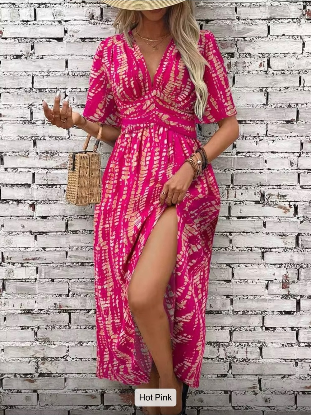 SHEIN Tie-Dye V-Neck Maxi Dress + Pink Woven Mini Bag Size L